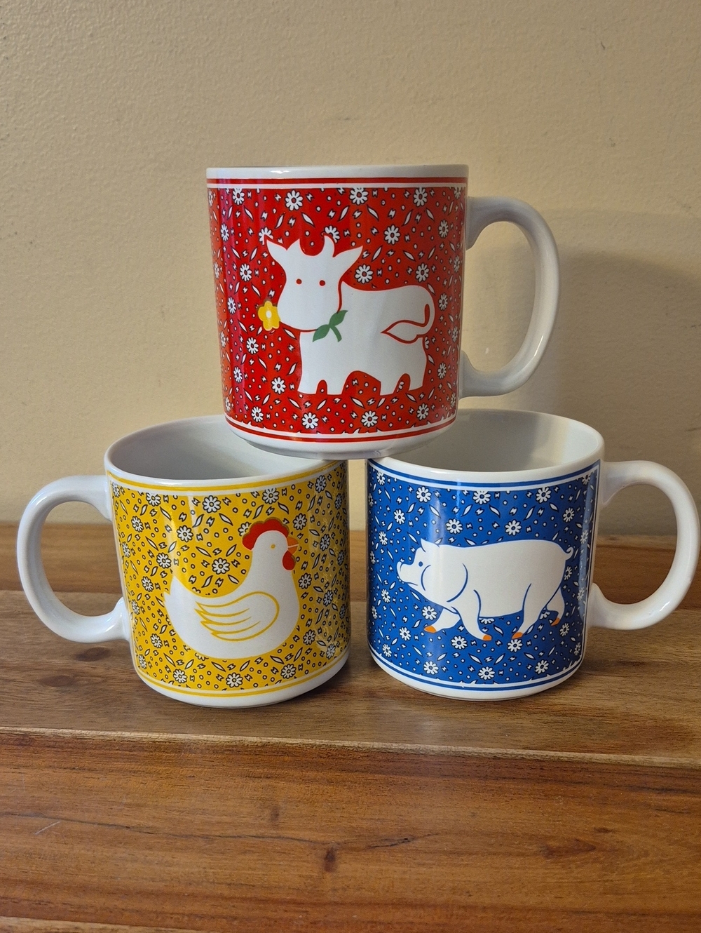 Vintage JSNY 80's Country Calico Farm Set of 3 Mugs / Cottage Core